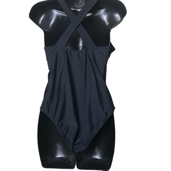 Tempt Me Black One Piece Swimsuit Sleeveless V Neck Peekaboo Panels Size Medium - Picture 2 of 6